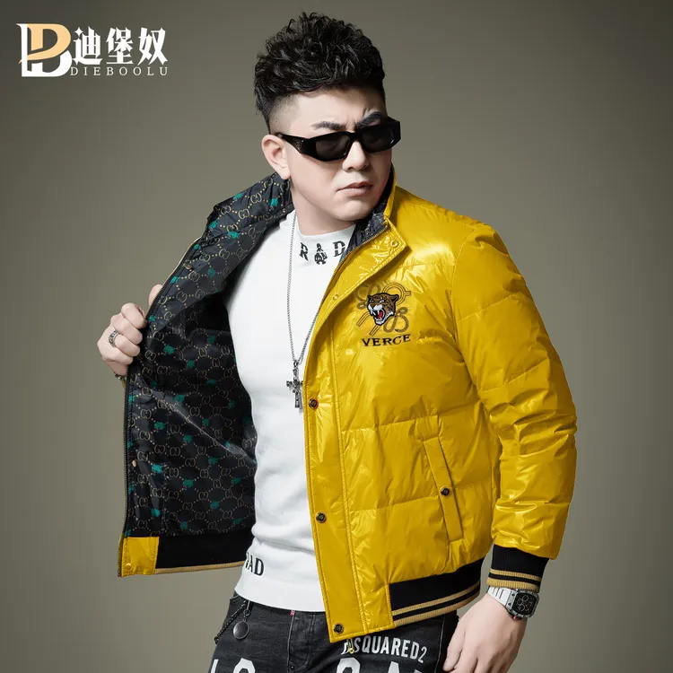 欧洲站潮牌老虎头刺绣立领羽绒服男士冬季新款亮面加厚防寒服外套