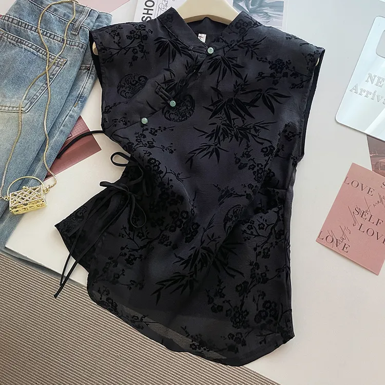 大码新款设计感小衫新中式国风旗袍上衣黑色背心正肩显瘦衬衫上衣