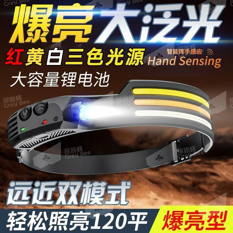 感应头灯强光充电COB泛光散光大面积头戴超亮工作灯户外led照明灯