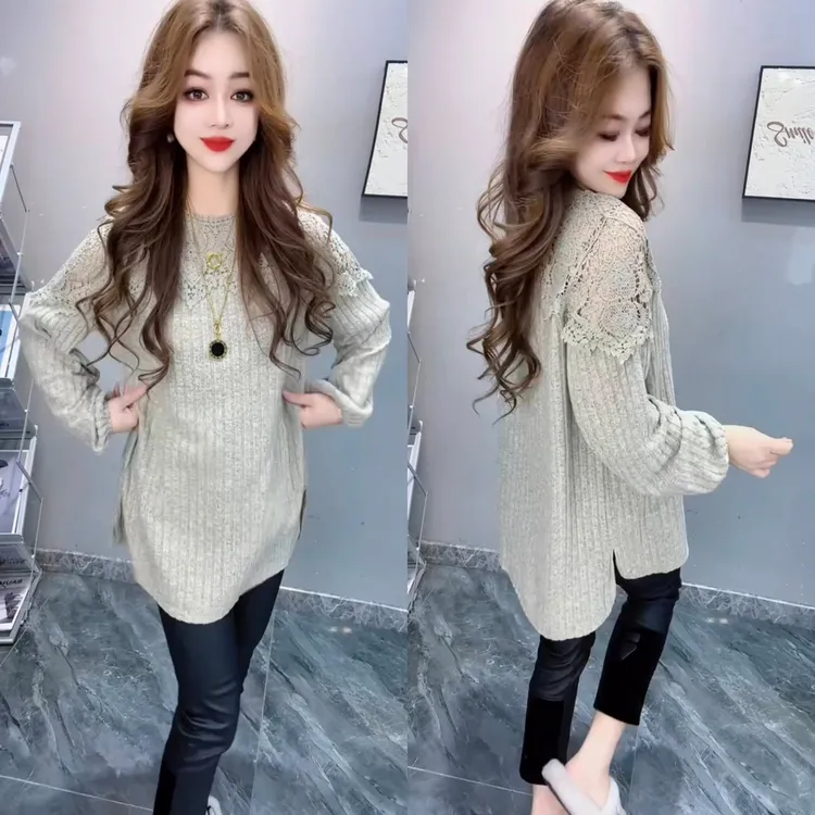 2025秋冬爆款蕾丝拼接洋气显瘦中长款上衣T恤衫女皮裤时尚两件套