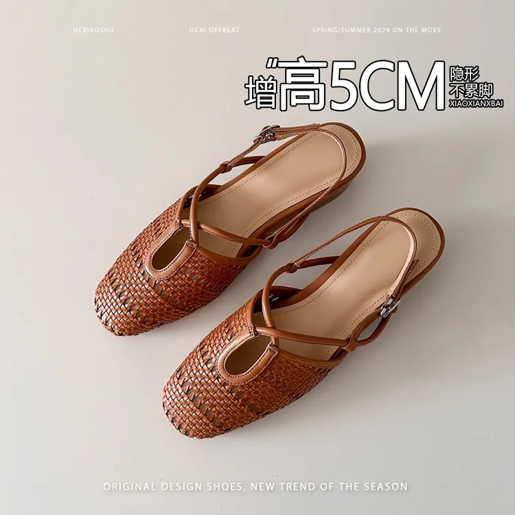 镂空一字带凉鞋软底包头坡跟不累脚透气度假沙滩休闲复古编织凉鞋