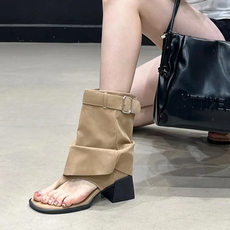 【cufk专柜品质】 欧美方头夹趾粗跟短筒靴女2025夏季皮带扣裤管