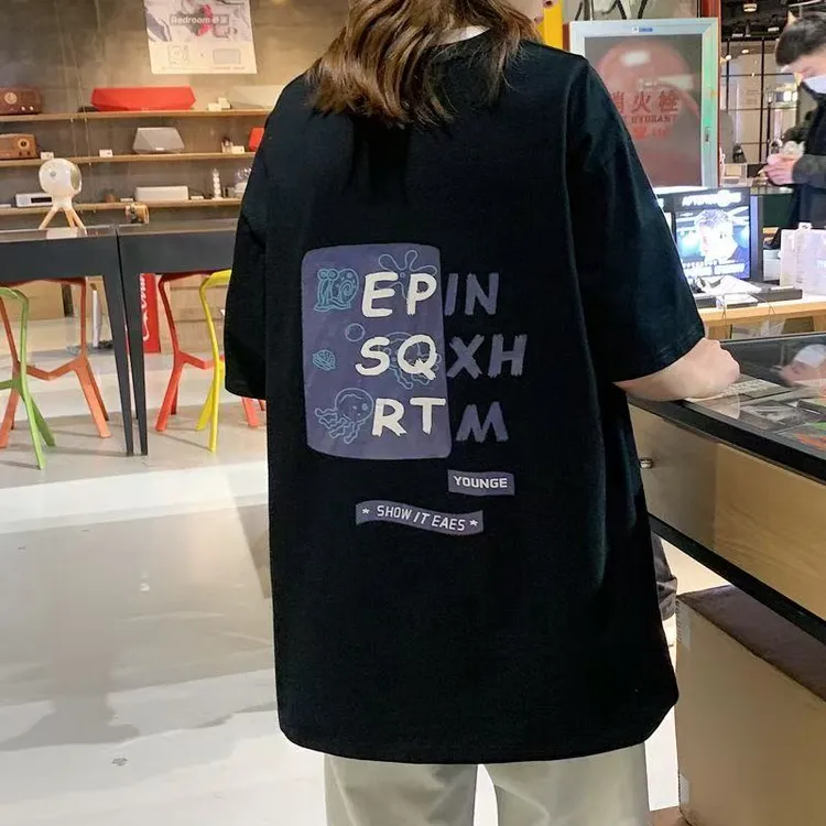 美式t恤宽松大码ins夏情侣落肩圆领黑色打底上衣字母印花半袖