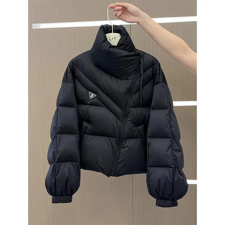 黑色立领不规则拉链棉服短外套女冬季加厚设计感外穿面包服上衣