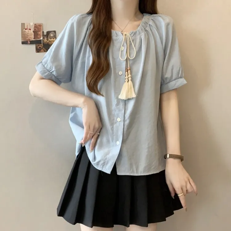 大码设计感串珠系带短袖衬衫女夏季新款胖MM宽松显瘦百搭洋气上衣