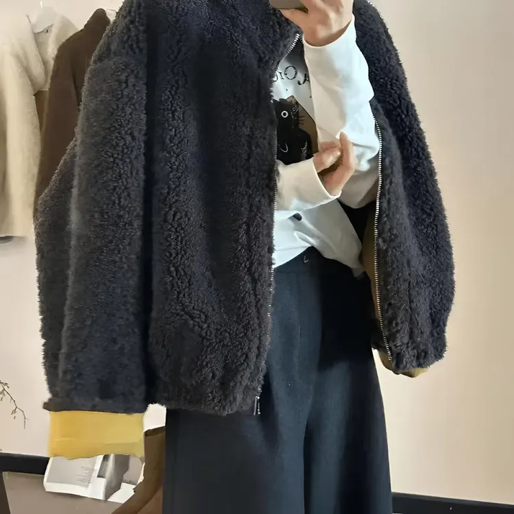 【峰丽】2025冬季新款时尚皮-毛一体外套女宽松立领加绒保暖外套