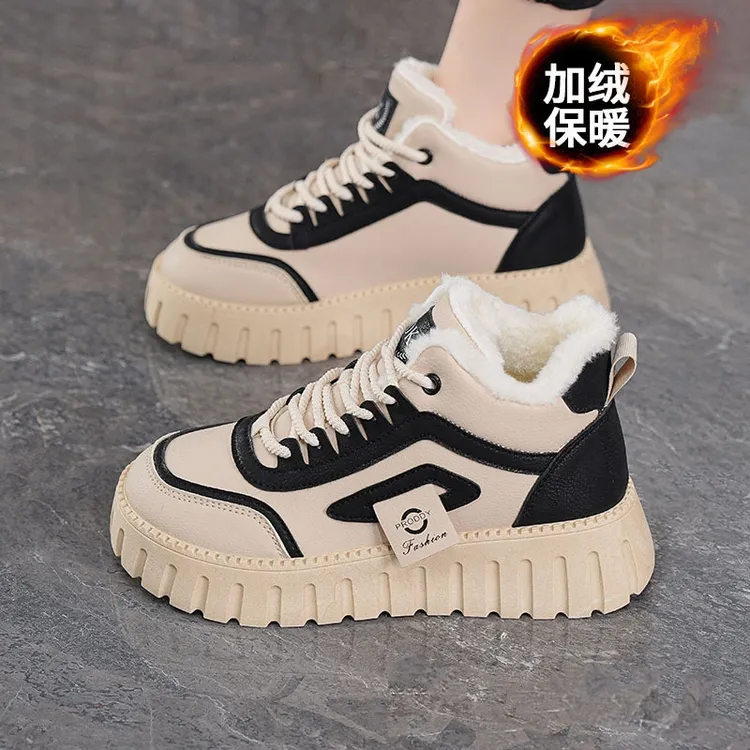 冬季新款成年女士韩版百搭加绒加厚保暖增高高帮休闲短靴风格棉鞋