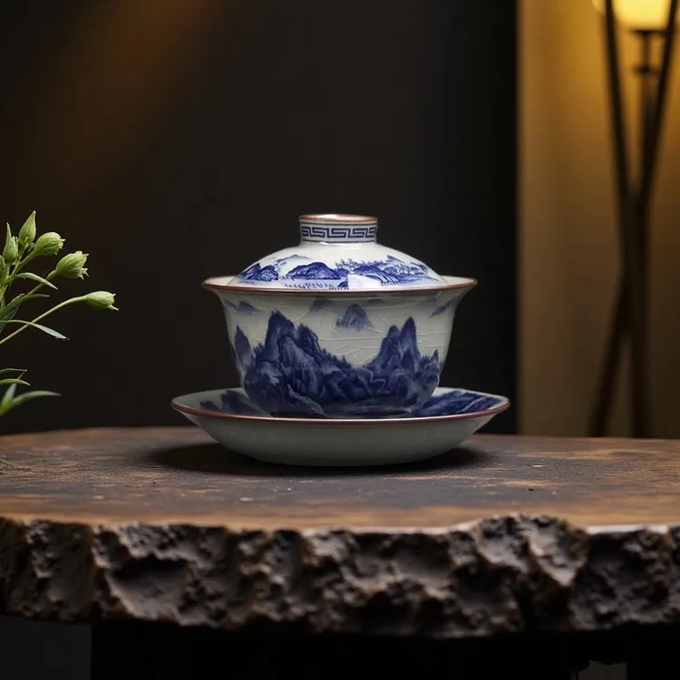 正宗景德镇三才悬停盖碗冰裂纹千里江山家用陶瓷茶具防烫手釉下彩商品图