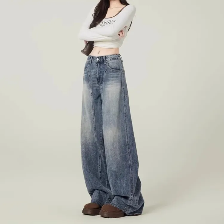 复古蓝磨白阔腿牛仔裤女2025春秋新款设计感毛边高腰垂感弯刀裤子