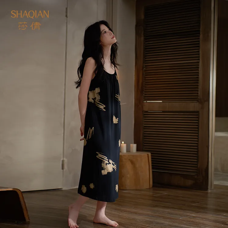 莎倩2025年吊带睡裙带胸垫女士夏季柔软莫代尔棉睡衣可外穿家居服