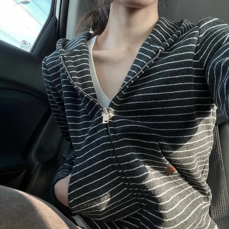 法式条纹拉链开衫卫衣外套早秋季2025新款气质慵懒风长袖连帽上衣