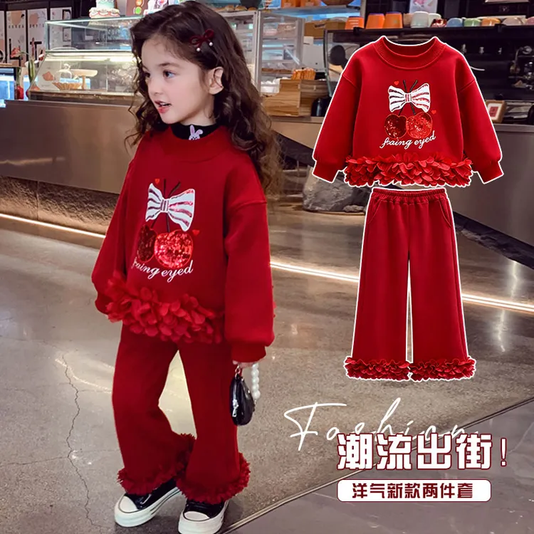 女童加绒套装秋冬季2026新款儿童红色拜年服洋气卫衣休闲裤两件套