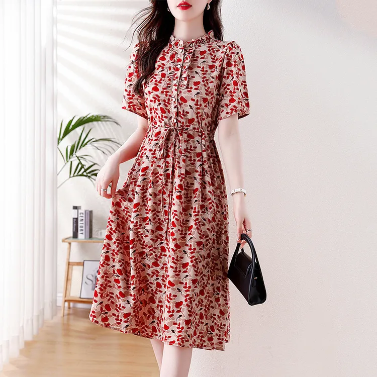 2025夏秋季新款真丝雪纺连衣裙女印花拼接减龄气质系带长袖连衣裙