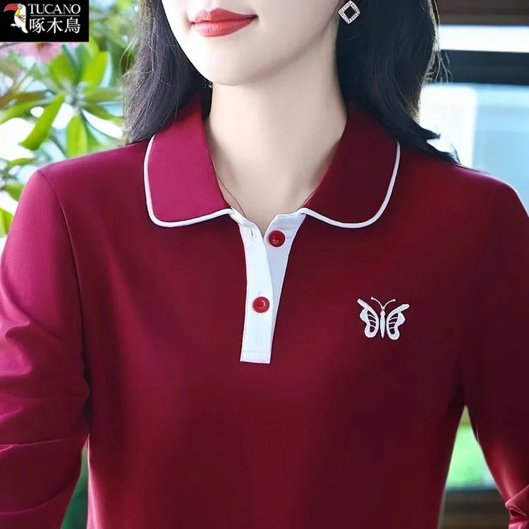 啄木鸟秋季薄款长袖潮流气质翻领T恤妈妈装新款刺绣拼色设计上衣