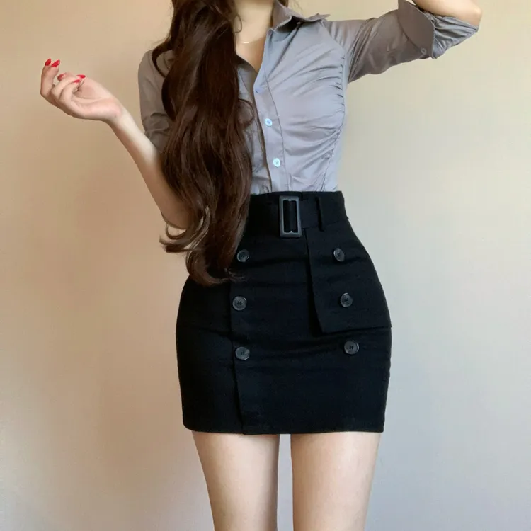 2025韩版简约修身显瘦掐腰褶皱长袖衬衫女纽扣设计高腰半身裙套装