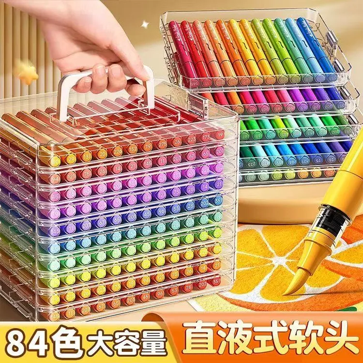 彩色笔杆直液式软头丙烯马克笔幼儿园不透色可叠色绘画专用水彩笔