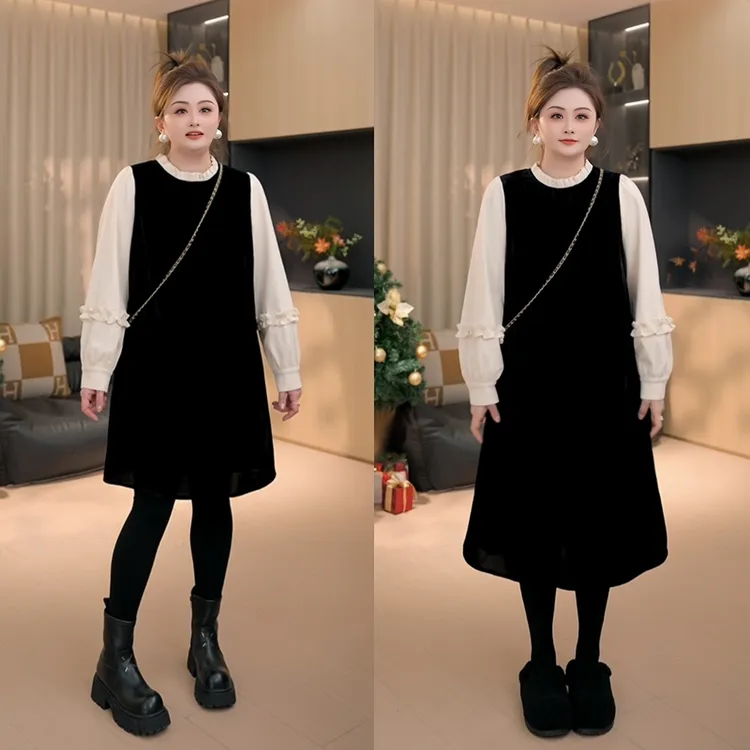 【胖佳佳】香榭暖意 冬季气质加绒假两件丝绒连衣裙女H625Q19665