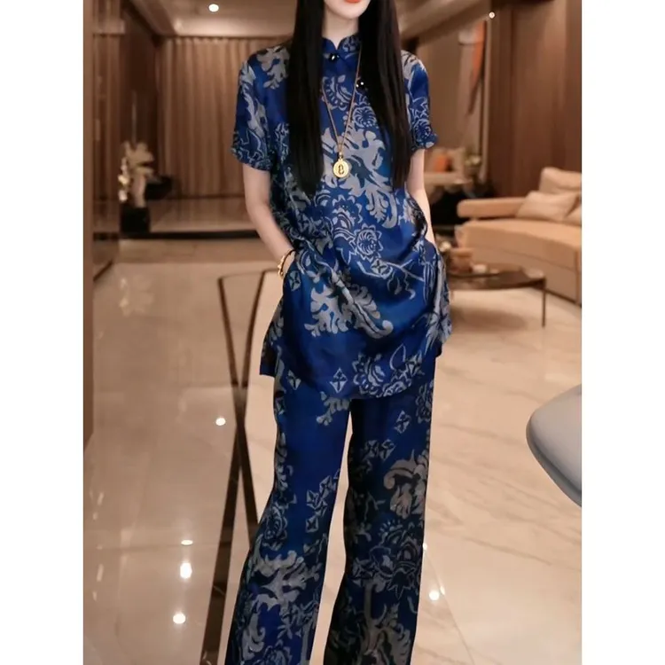 高档名媛风好看印花裤套装女2025夏季新款短袖百搭休闲衬衫+裤子