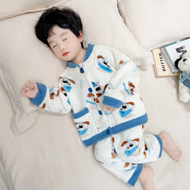 男童睡衣法兰绒秋冬款加厚男孩宝宝珊瑚绒开衫套装儿童卡通家居服