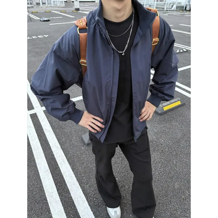 藏青色短款飞行员夹克男款秋季立领美式复古bomber廓形工装外套
