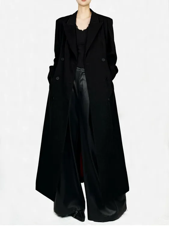 解余 JIEYU 秋冬双排扣侧开叉长款呢大衣