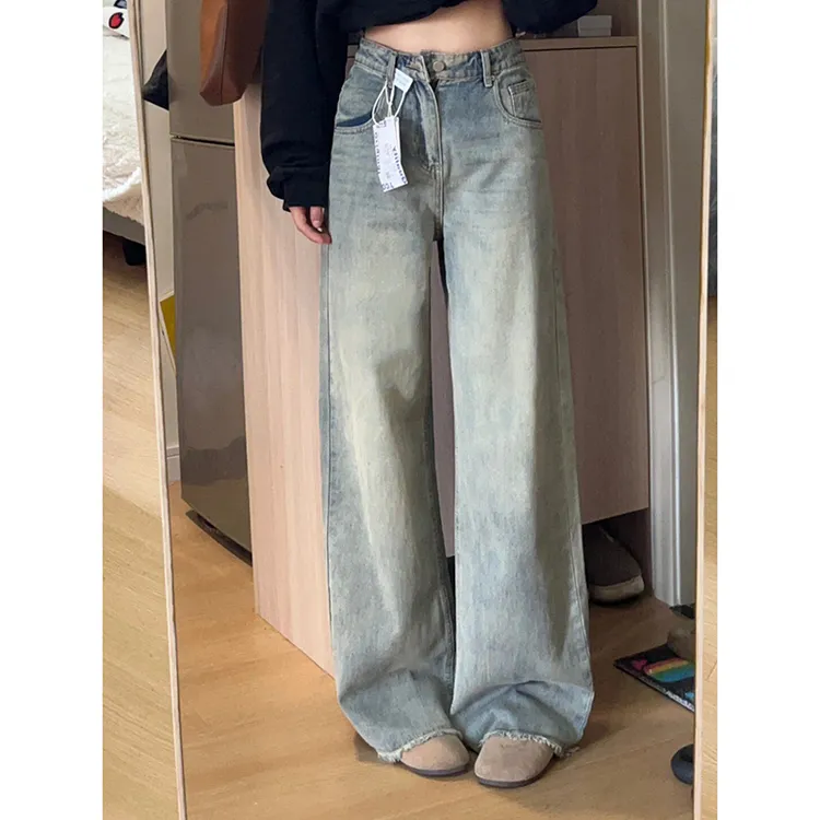 300斤大码女装复古毛边直筒牛仔裤女2025新款裤子胖mm显瘦阔腿裤