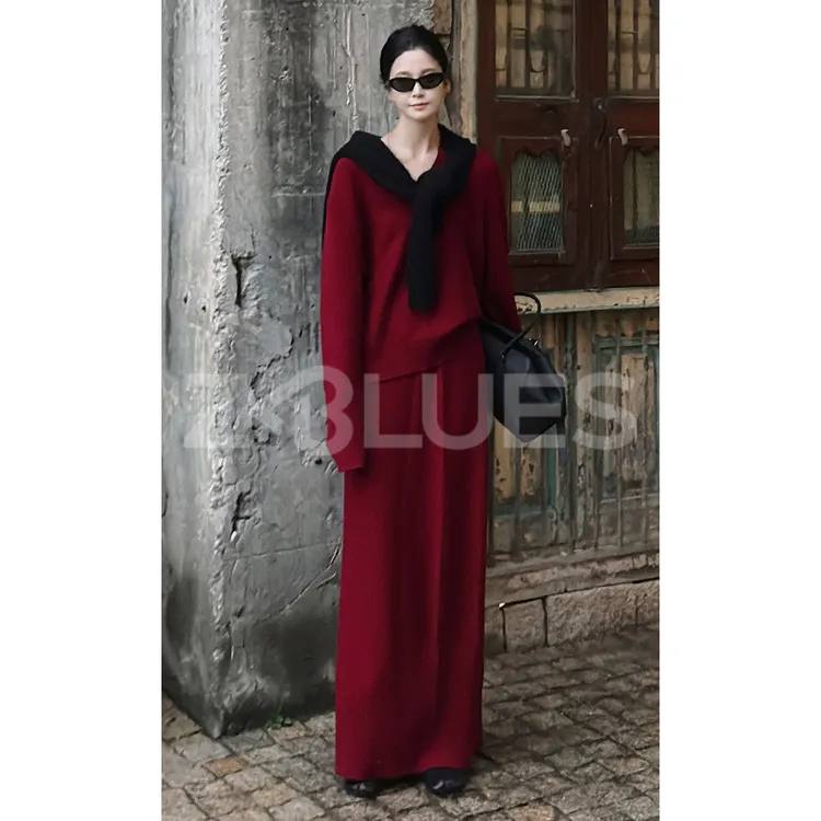 Z.blues【落落大方套】法式坑条纹羊毛针织衫+半裙套装YZALM1072TZ