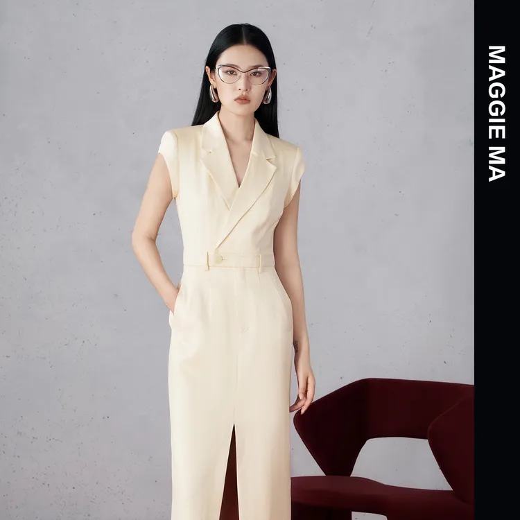 MAGGIE MA马婧设计师款温柔杏色知性大方修身连衣裙282D