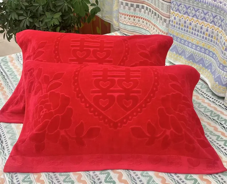 婚庆加大加厚纯棉大红枕巾枕头巾情侣结婚必备大号枕巾一对装新款