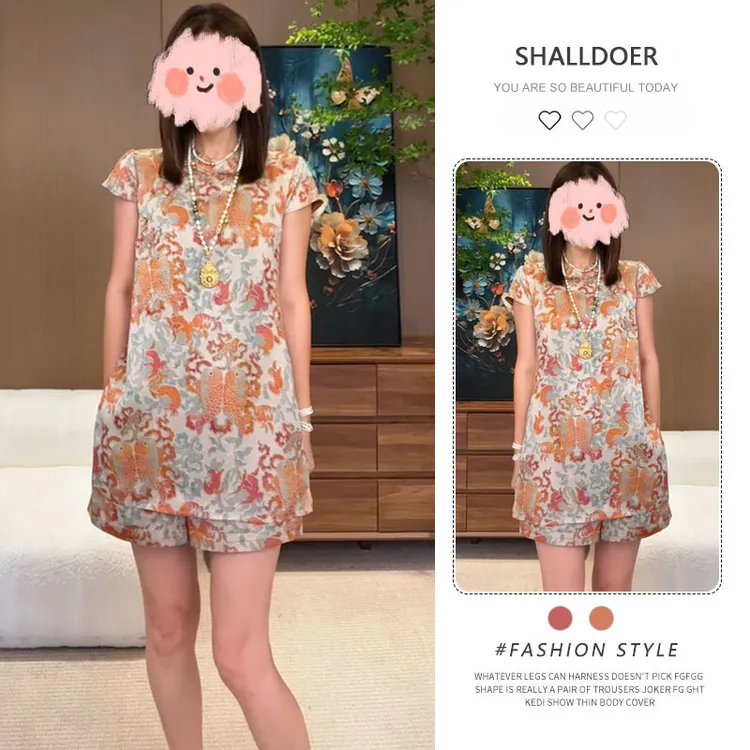 香朵儿时尚高级感套装女2025年夏季新款新中式短袖休闲短裤两件套