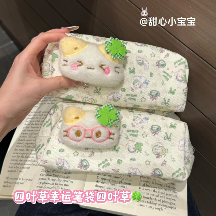 ins大容量学生日系四叶草小猫高颜值笔袋可爱苹果小猫文具收纳袋