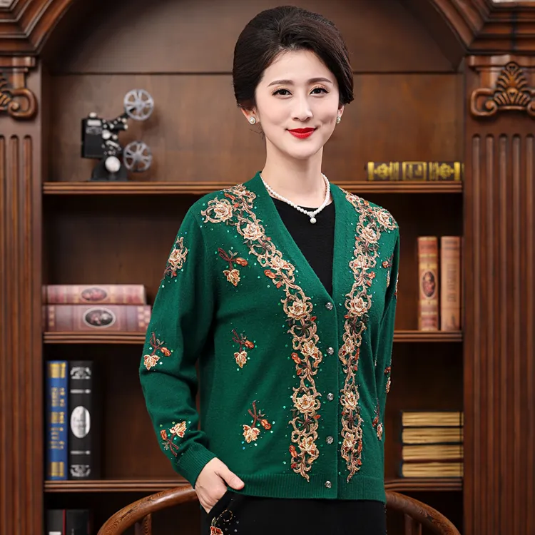 亿喜绣秋冬高端中年女装绣花毛衣妈妈装大码羊毛衫保暖开衫3306
