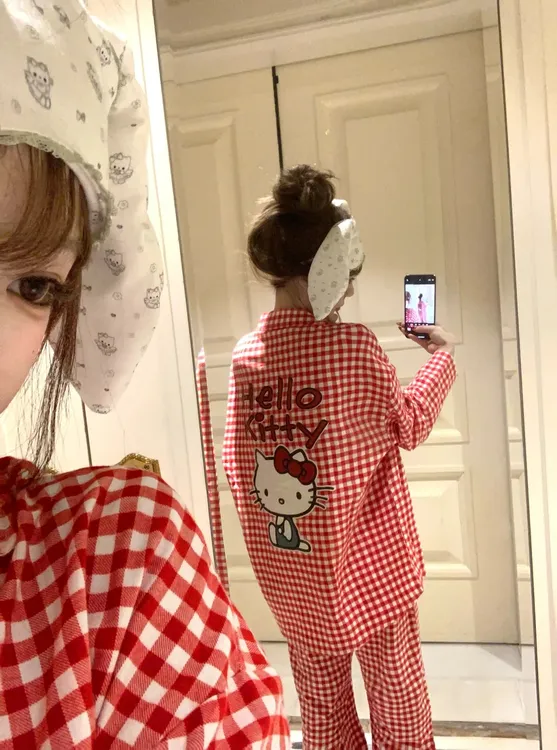 【少女格纹】甜美凯蒂猫睡衣女春秋新款2025年格子开衫家居服套装