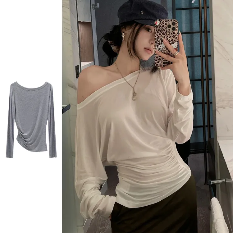 长袖T恤女夏褶皱设计感2025新款斜肩露肩高领罩衫薄款上衣