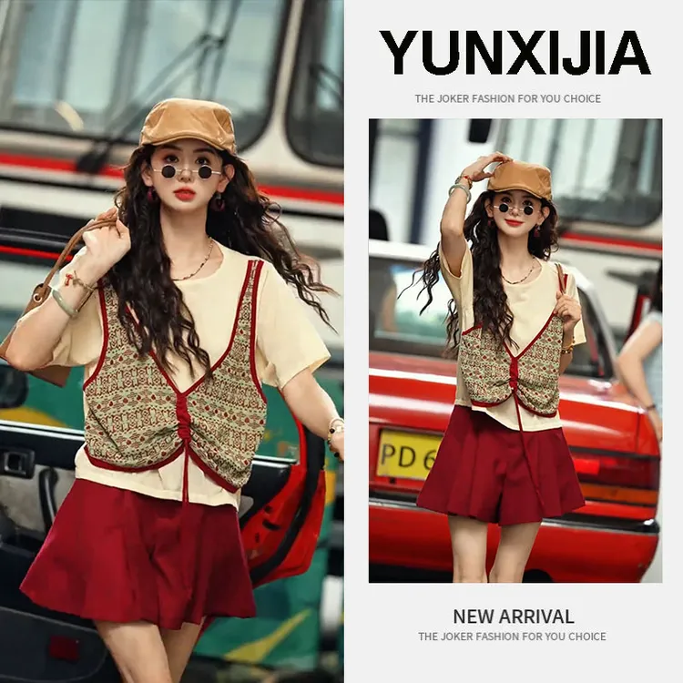 2025夏季新款时尚复古港风百搭设计感修身短袖上衣短裙两件套