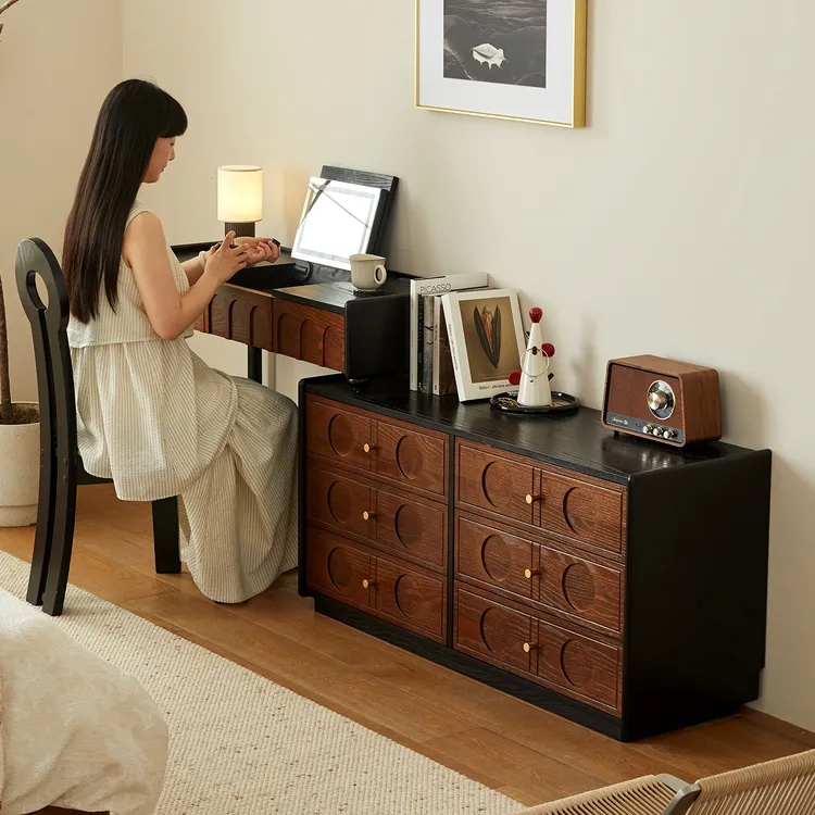 中古风梳妆台斗柜一体全实木法式复古卧室床尾翻盖化妆桌置物柜子