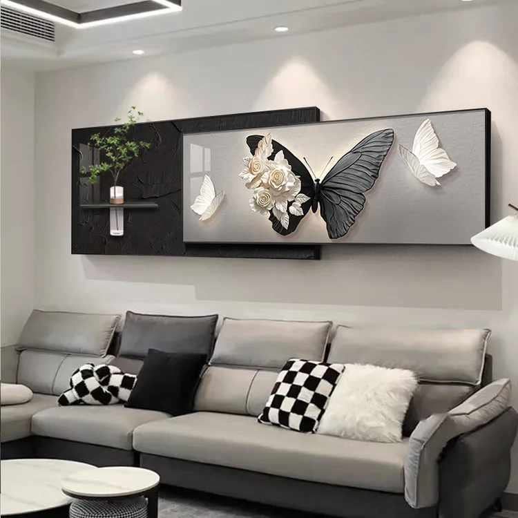 2025新款黑白灰客厅装饰画蝴蝶水培叠加壁画大气沙发背景墙挂画