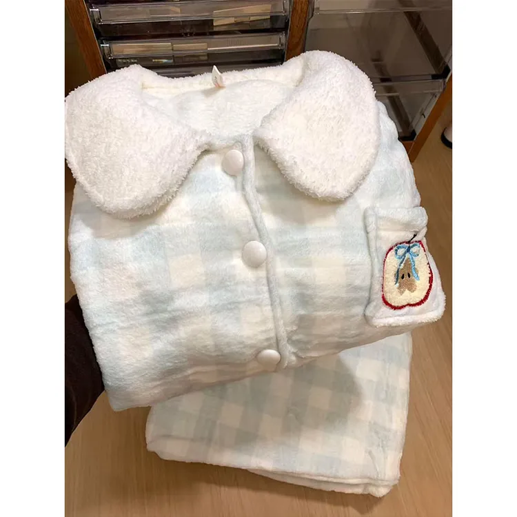 韩系卡通苹果星星法兰绒睡衣女秋冬季格纹少女风家居服娃娃领套装