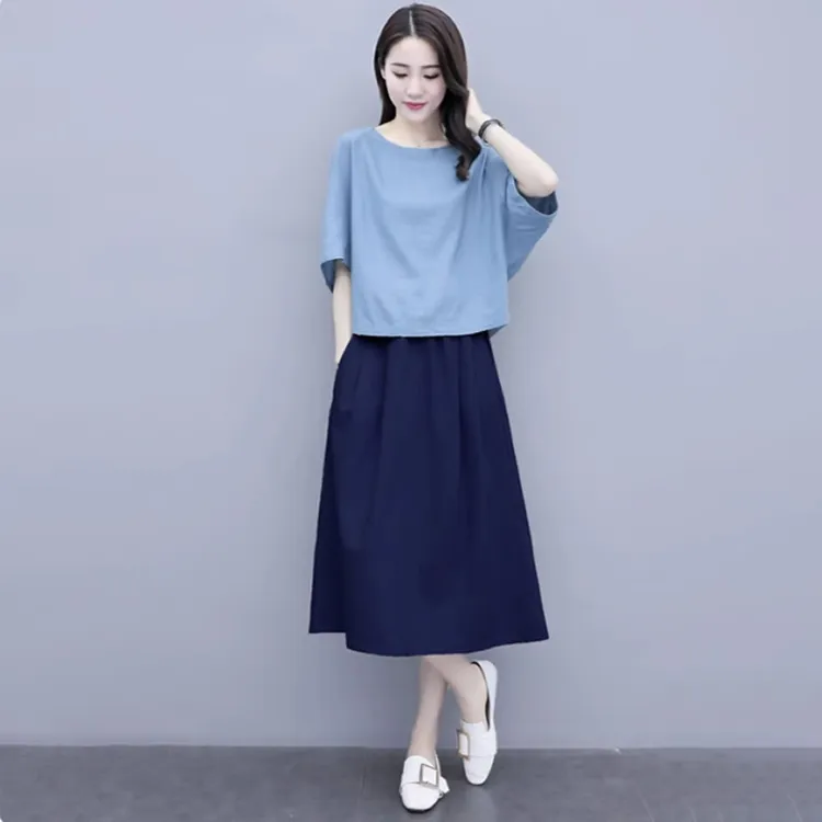 休闲裙套装女2025夏季装新款时尚短袖T恤显瘦减龄大码妈妈两件套