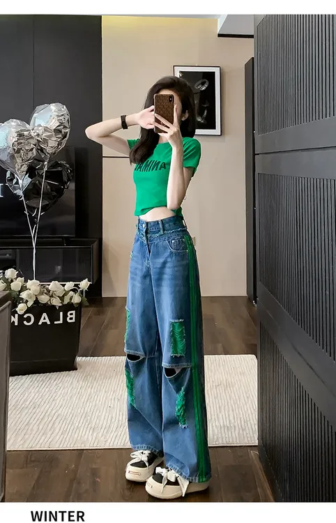 休闲时尚套装女夏2025新款洋气减龄短款上衣高腰破洞牛仔裤两件套