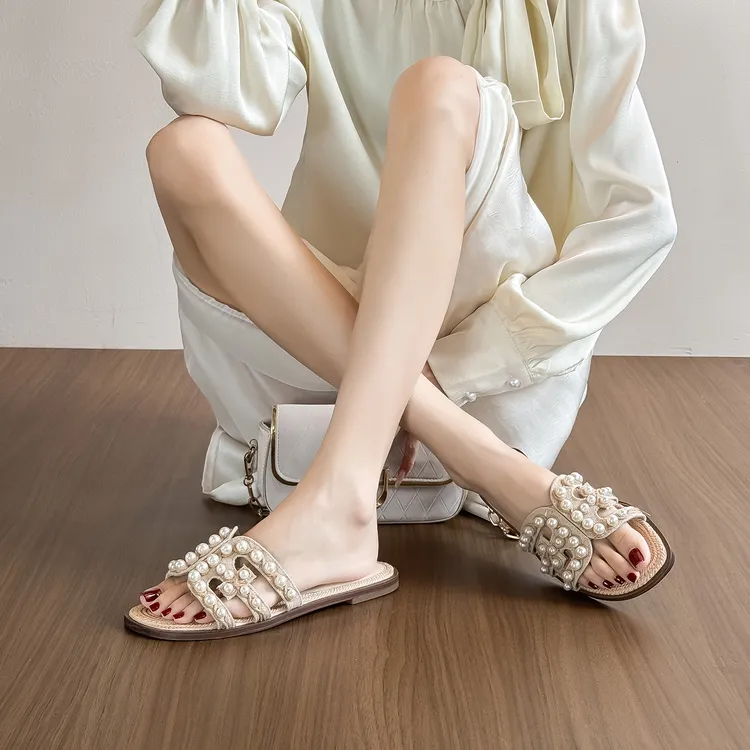 珍珠贝真皮凉拖鞋女夏外穿2025新款法式草编织半拖鞋