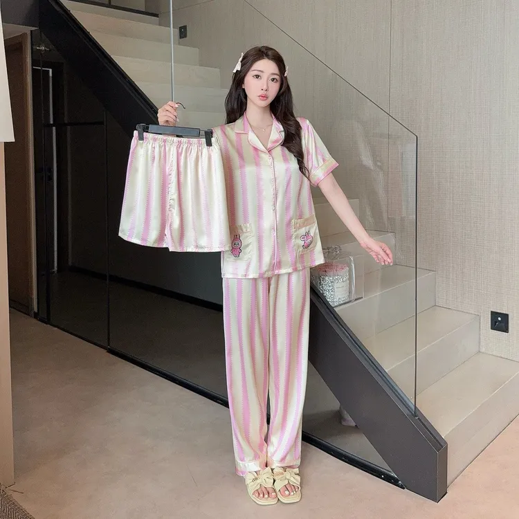 [拉布布]冰丝睡衣夏季新款卡通短袖短裤三件套宽松套装CWS家居服
