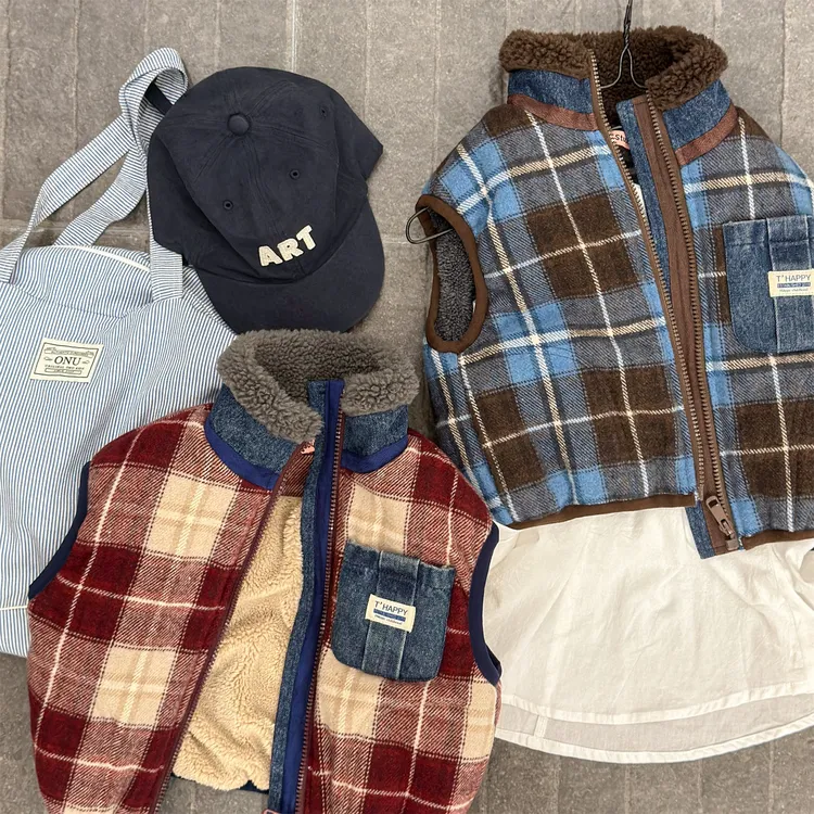 ab.baby韩国童装儿童冬季韩版加绒夹棉马甲男童女童冬格子外套 