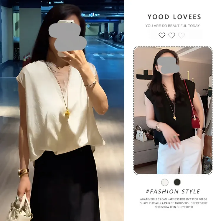 2025新款夏季重工衬衫花边拼接V领设计感温柔气质假两件百搭上衣