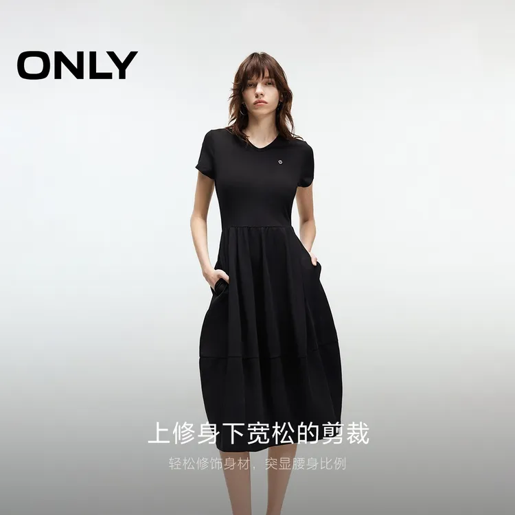 ONLY夏季短袖花苞连衣裙V领女气质通勤纯欲慵懒风女装|125161033