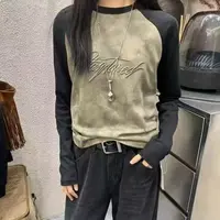 Manmi 立体重工刺绣撞色插肩袖扎染长袖T恤 9585(C3)