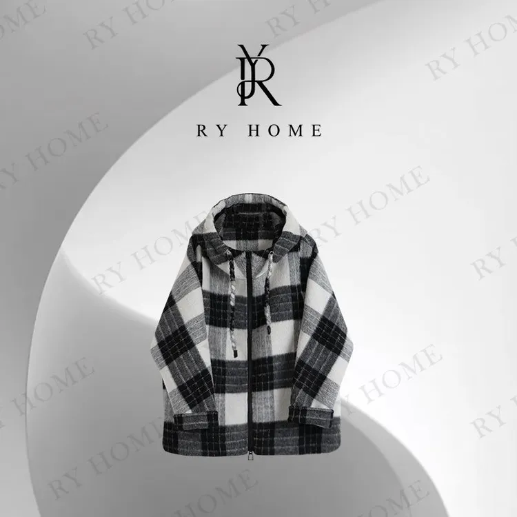 【容雨RYHOME】羊驼毛＋绵羊毛经典复古黑白格纹连帽外套253W2516