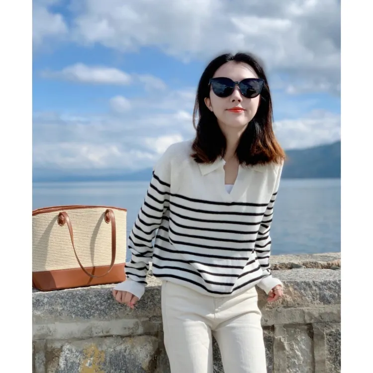 小众女装出游服装女流行时尚潮牌女装条纹针织长袖百搭裤子套装