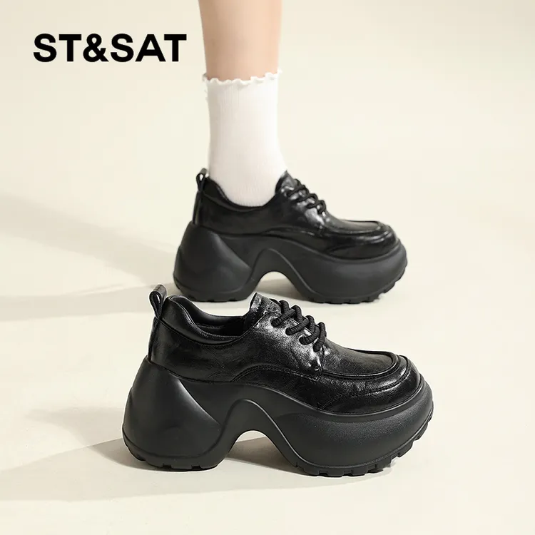 星期六黑色厚底乐福鞋女2025秋季新款小个子增高单鞋英伦风小皮鞋