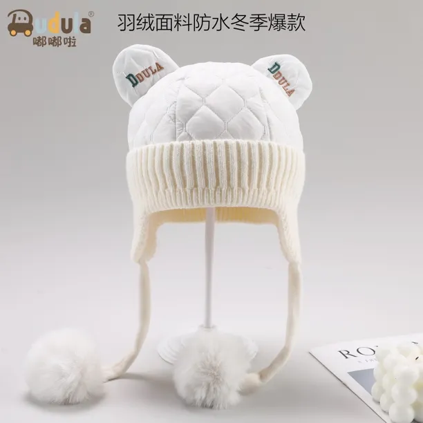 嘟嘟啦4230字母绣防水格纹保暖护耳朵男女宝宝婴儿帽